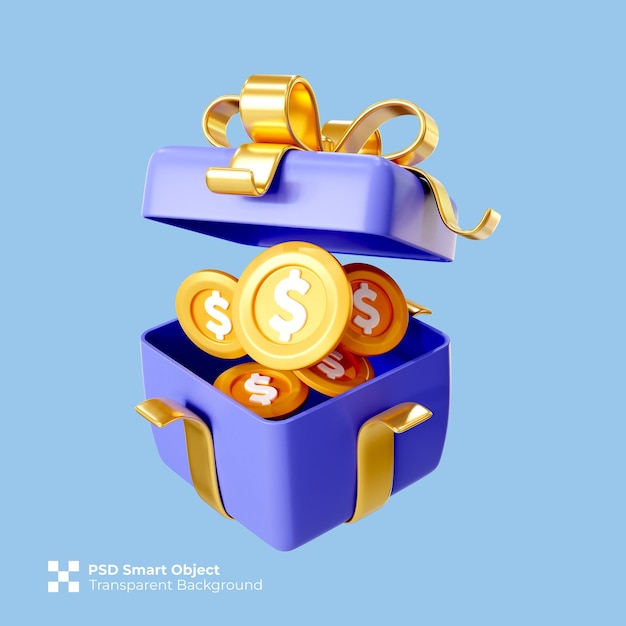 3d render of coin giftbox icon isolated premium psd