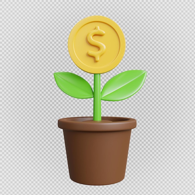 3d render of coins plant minimal isolated backgroundwith clipping path