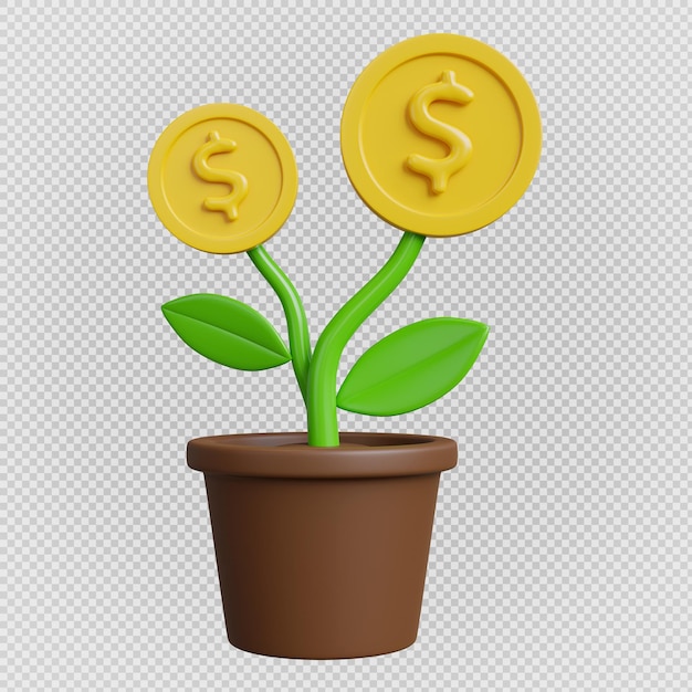 3d render of coins plant minimal isolated backgroundwith clipping path