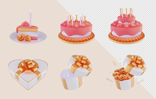 Rendering 3d raccolta di torte di compleanno con candele e scatole regalo tutte nei colori rosa bianco e oro