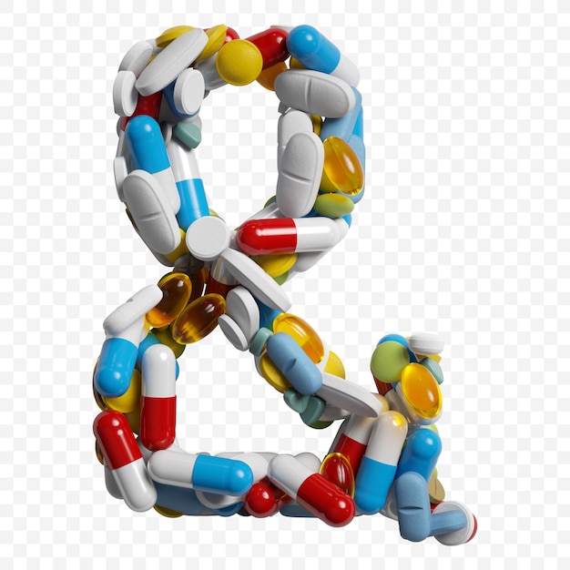 PSD rendering 3d di pillole e compresse di colore alfabeto e commerciale simbolo isolato