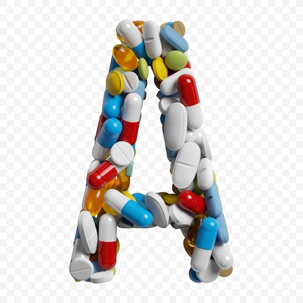 PSD rendering 3d di pillole e compresse di colore lettera dell'alfabeto un simbolo isolato su sfondo bianco