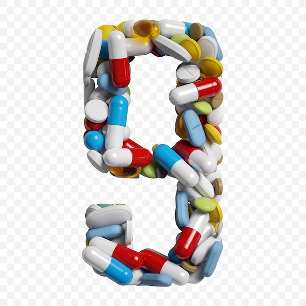 3d render of color pills and tablets alphabet number 9 symbol isolated