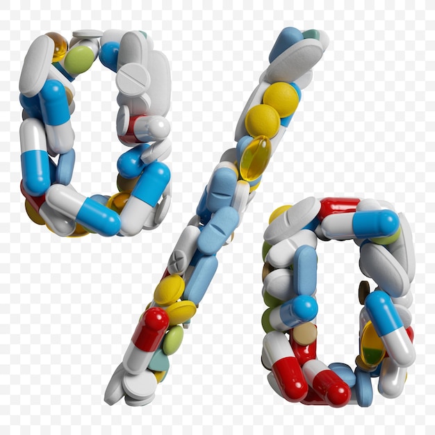 PSD rendering 3d di pillole e compresse di colore simbolo di percentuale alfabeto isolato