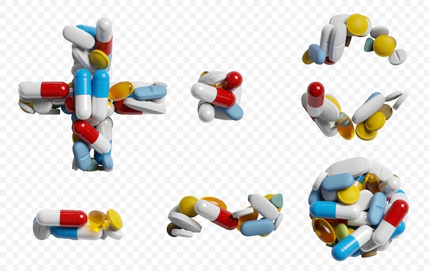 Rendering 3d di pillole di colore e simboli alfabeto compresse isolati