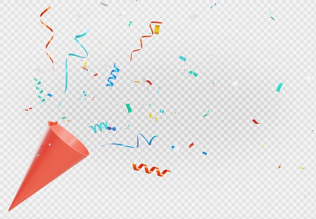 PSD 3d render of colorful confetti flying out of poper shoot on transparent background