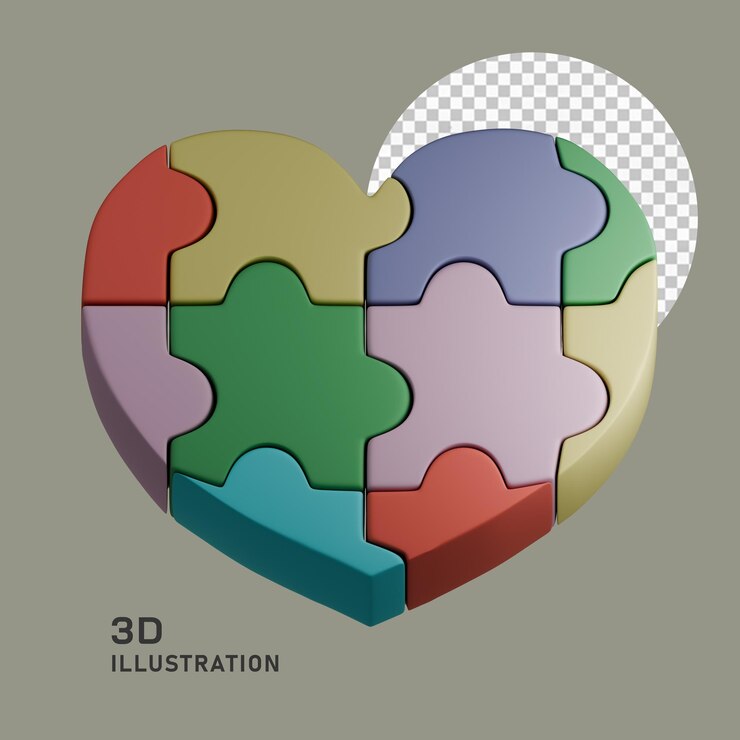 PSD 3d 渲染彩色拼图形状的心脏