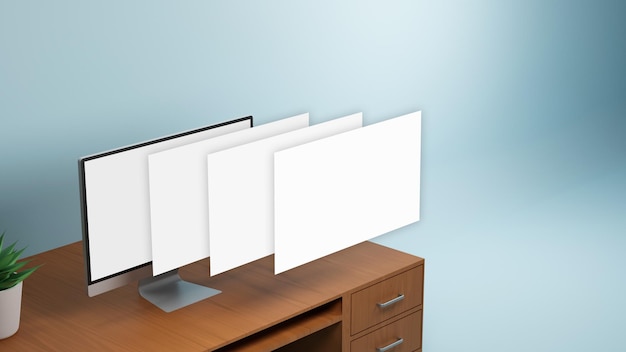 3D Render of Computer Mockup With Blank Multi Screens On Wooden Desk And Plant Pot