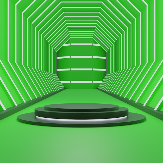 3d render corridor black podium on green background