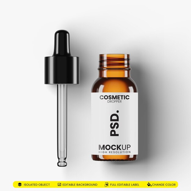 PSD 3d render serum cosmetic dropper vetro ambra