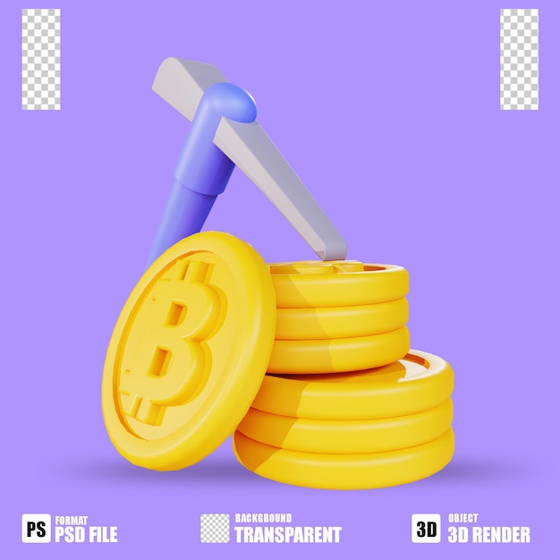 3d render cryptocurrency icon bitcoin mining 3 with trasparent background