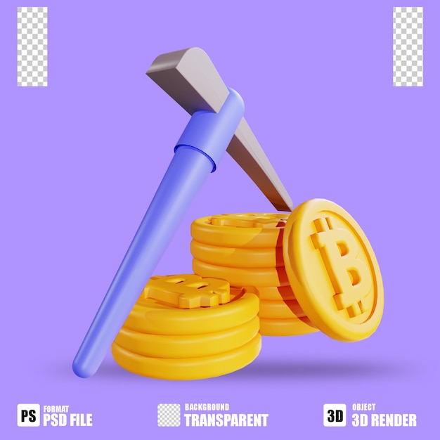 3d render cryptocurrency icon bitcoin mining with trasparent background