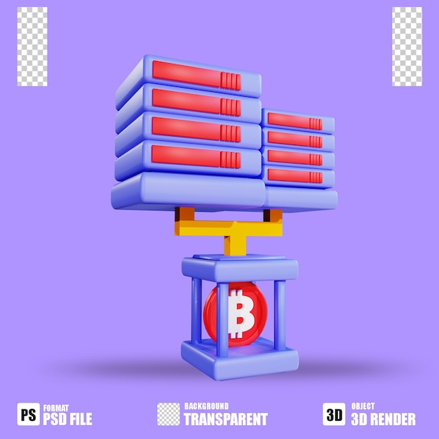 PSD 3d render icona criptovaluta bitcoin server 2 con sfondo trasparente