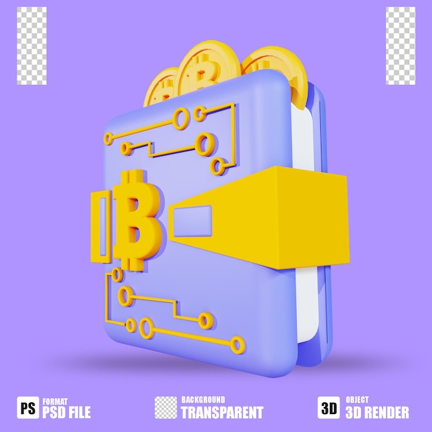 3d render cryptocurrency icon bitcoin wallet 2 with trasparent background