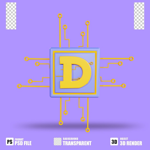 PSD 透明な背景を持つ3dレンダリング暗号通貨アイコンドージコインプロセッサ交換