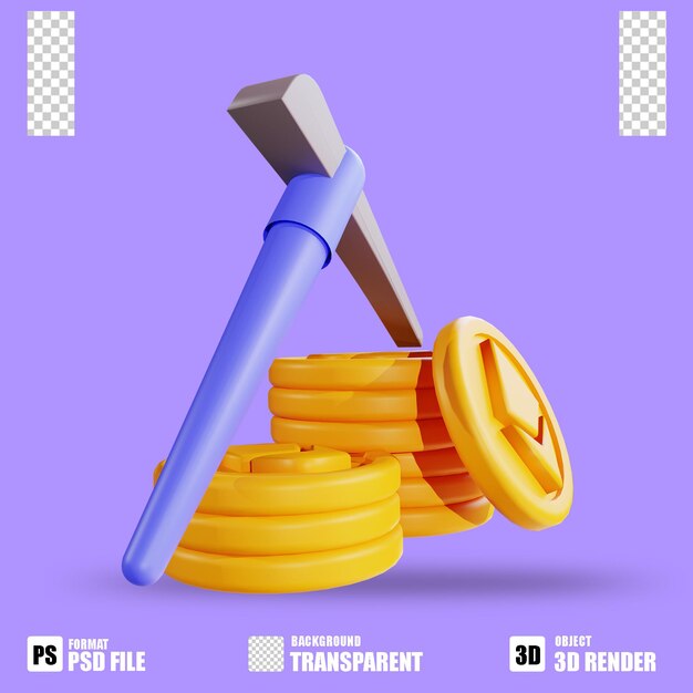 3d render cryptocurrency icon ethereum mining with trasparent background