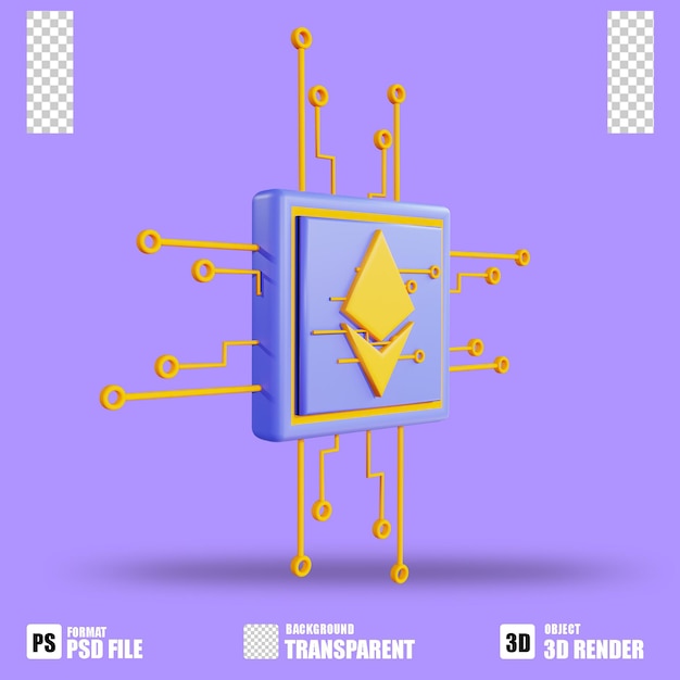 3D render cryptocurrency icon ethereum processor exchange with trasparent background