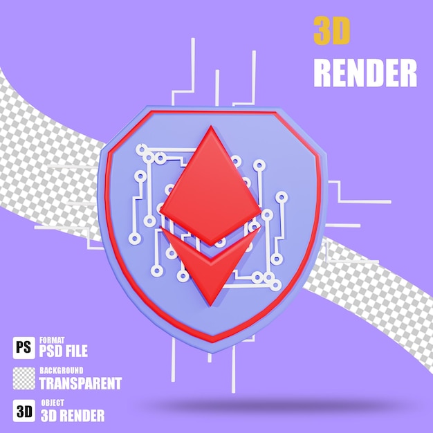 PSD 3d render cryptocurrency icon ethereum scurity 3 with trasparent background