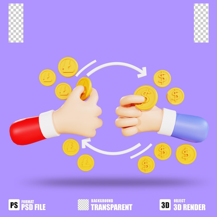 PSD 手と透明な背景との3dレンダリング暗号通貨アイコンライトコイン交換