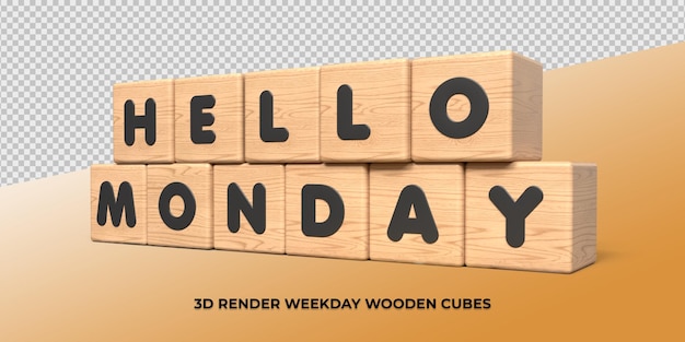 PSD 3d render cube wood letter hello monday