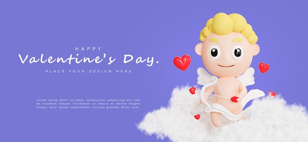 PSD 3d render of cupid boy for valentine's concept on purple background.