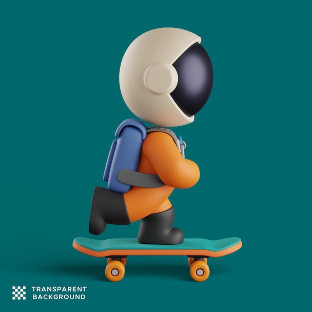 PSD rendering 3d di un simpatico astronauta in sella allo skateboard. simpatico personaggio