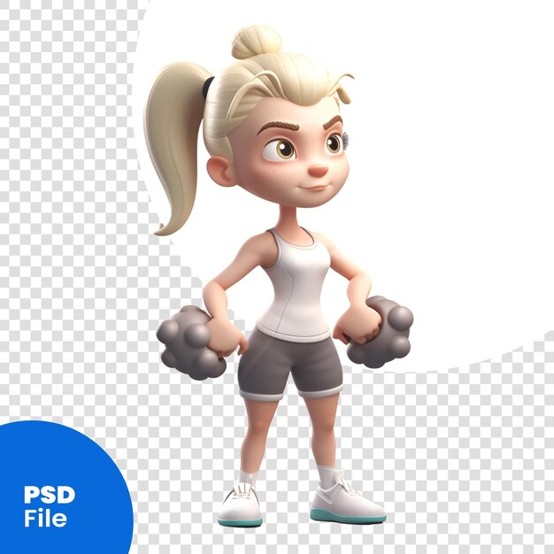 Rendering 3d di una ragazza bionda carina con il modello psd di manubri