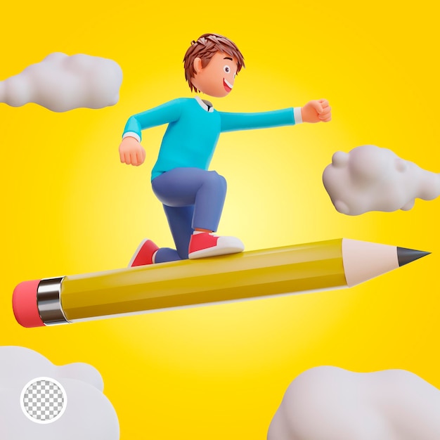 3d render cute boy ride a pencil