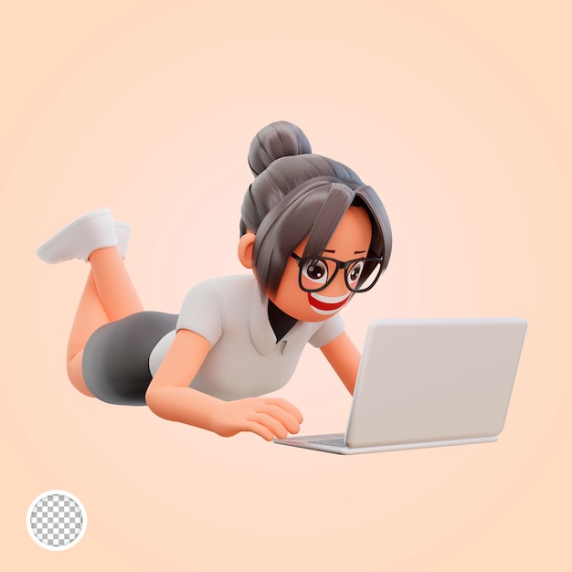 3d render cute business woman hold laptop