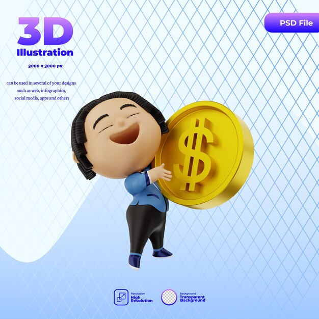 3d render cute businessman lifting a money