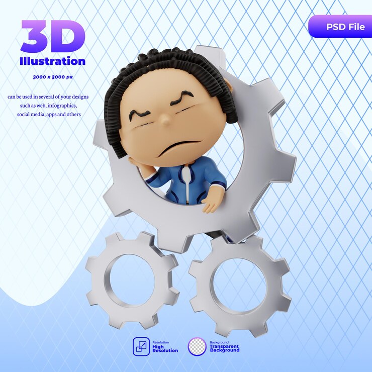 PSD 3d 렌더링 귀여운 사업가 기어 슬픈