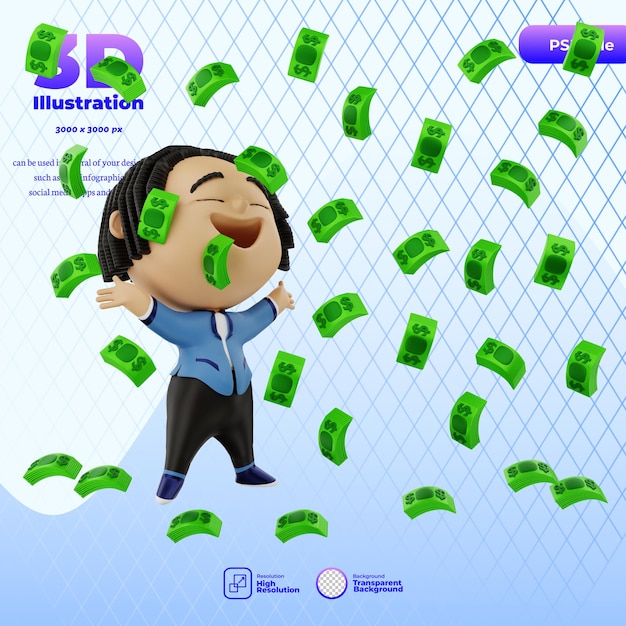 PSD 3d render cute businessman very happy with money rain