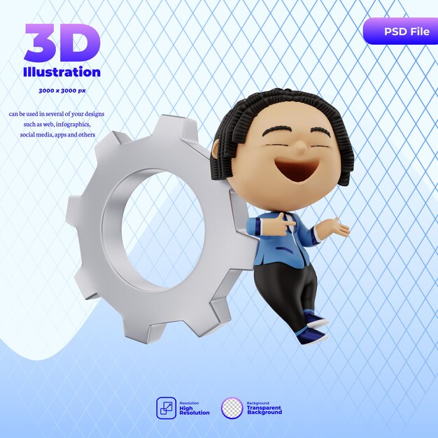 3d render cute businessman with gear