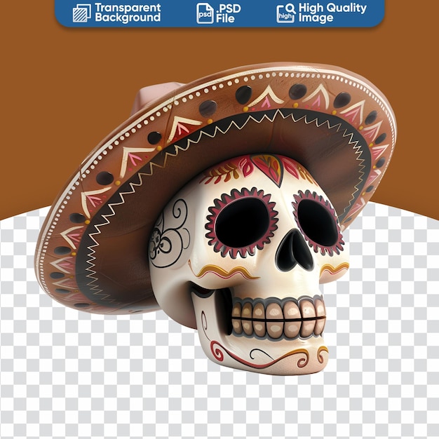 PSD 3d render of cute calavera mexican hat and skull head