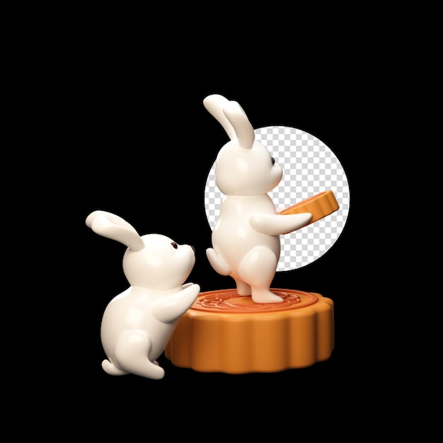 3D Render Cute Cartoon Bunnies z Mooncake na czarnym tle PNG Circle