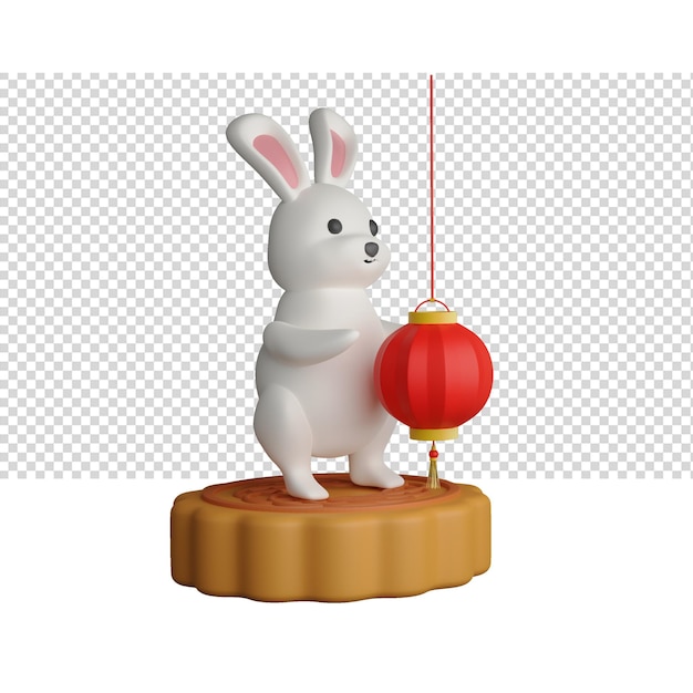 3D Render Cute Cartoon Bunny Stojącego Na Mooncake Z Wiszącą Latarnia Na Białym Tle