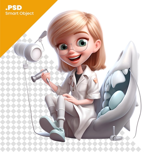 PSD 3d render of a cute cartoon girl dentist with dental drill psd template