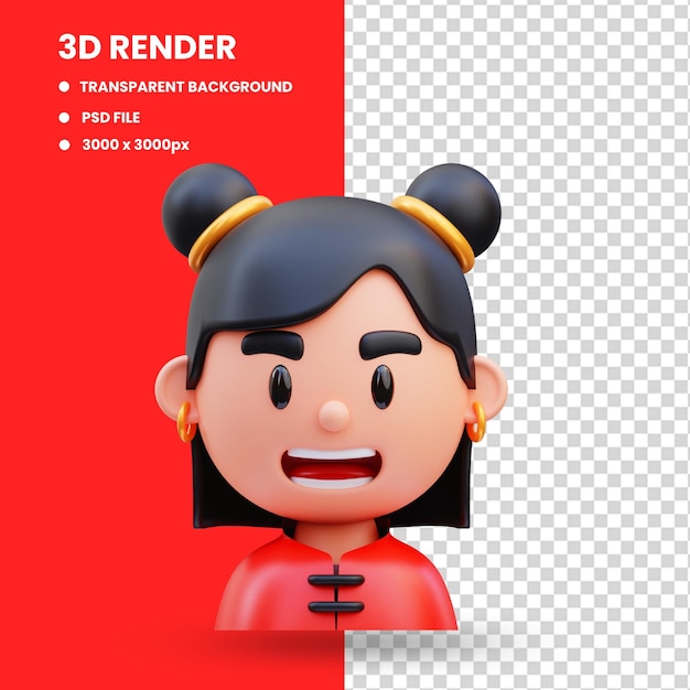 PSD rendering 3d carino donna cinese avatar icona illustrazione, capodanno cinese