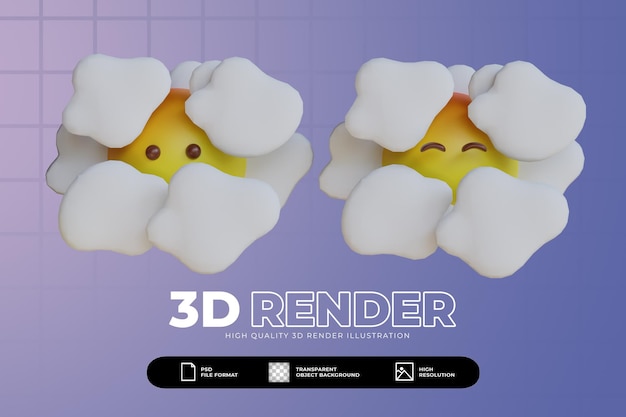 3d render cute face in clouds emoji icon set