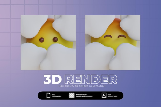 3d render cute face in clouds emoji set