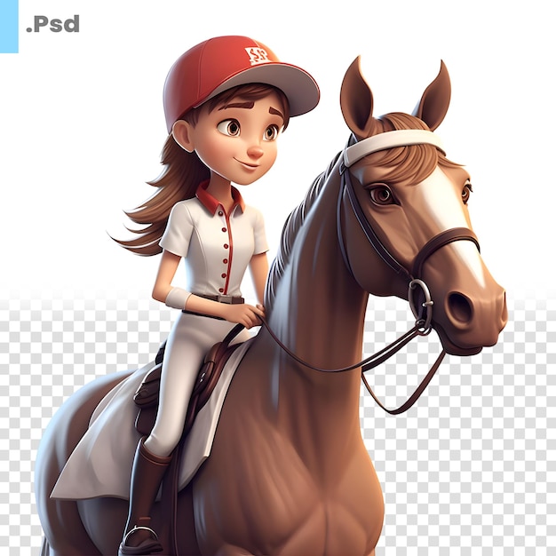 PSD render 3d di una ragazza carina che cavalca un cavallo isolato su sfondo bianco modello psd