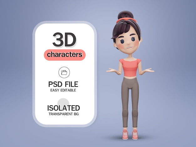 3 d レンダリングかわいい女の子と考えている質問思考の女の子コンセプト ガールは問題を解決します