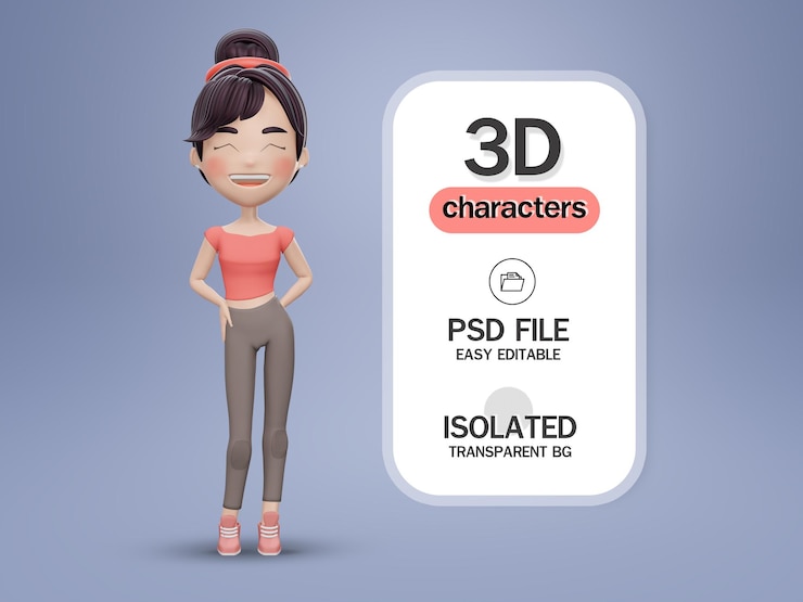 PSD 3d render cute girl with arms akimbo on waist.  she is a slender girl.