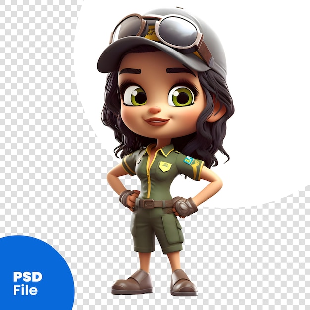 PSD render 3d di cute girl con cappello da pilota e modello psd di uniforme verde