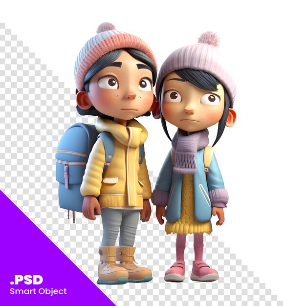 3d render of a cute little boy and girl with winter clothes psd template