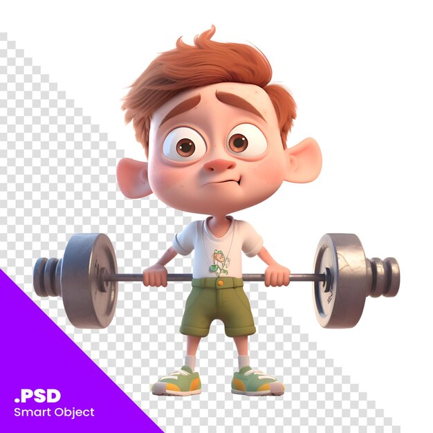 PSD render 3d di un ragazzino carino che solleva un barbell modello psd