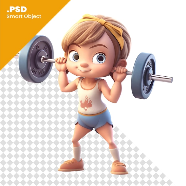 PSD 3d render of a cute little girl lifting a barbell psd template