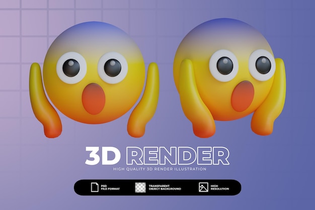 3d render cute screaming emoji icon set