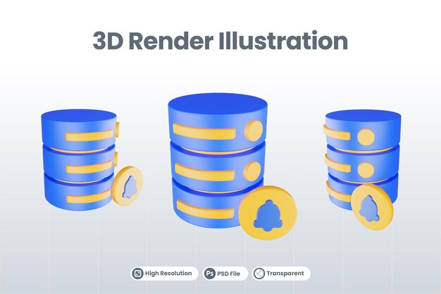 PSD Значок сервера базы данных 3d рендеринга с изолированным значком колокольчика