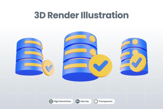 PSD チェックアイコンが分離された3dレンダリングデータベースサーバーアイコン